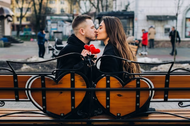 Couple kissing sitting on a bench