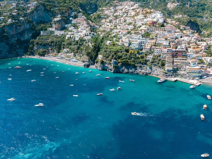 Amalfi town, nestled amid rocky cliffs and the gleaming Tyrrhenian Sea